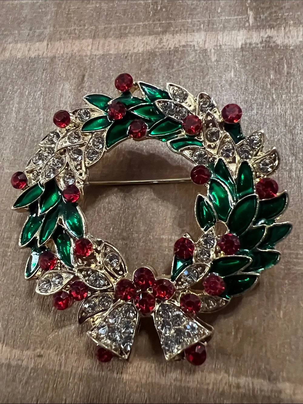 3/$18 Festive Green and Red Wreath Brooch - Holiday Crystal Pin Lot 6069